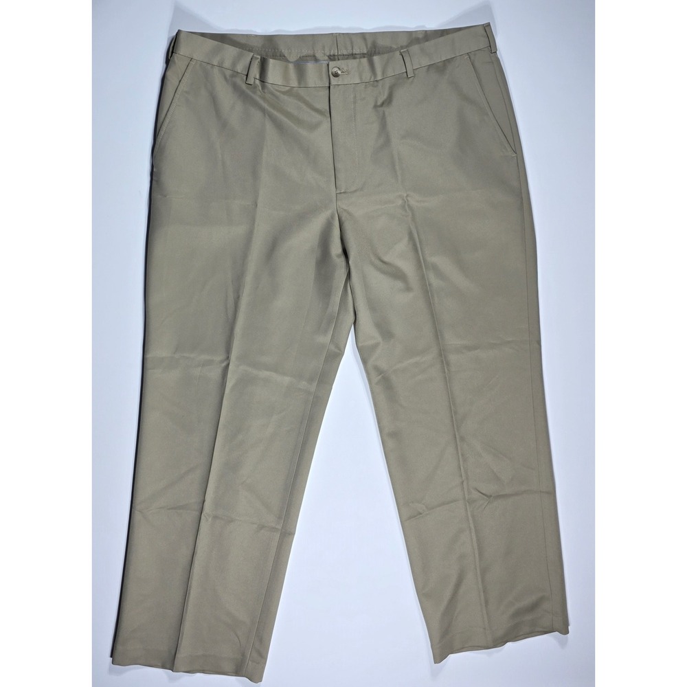 Van Heusen Mens Khaki Tan Flat Front Dress Pants 42x30 Permanent Press Polyester